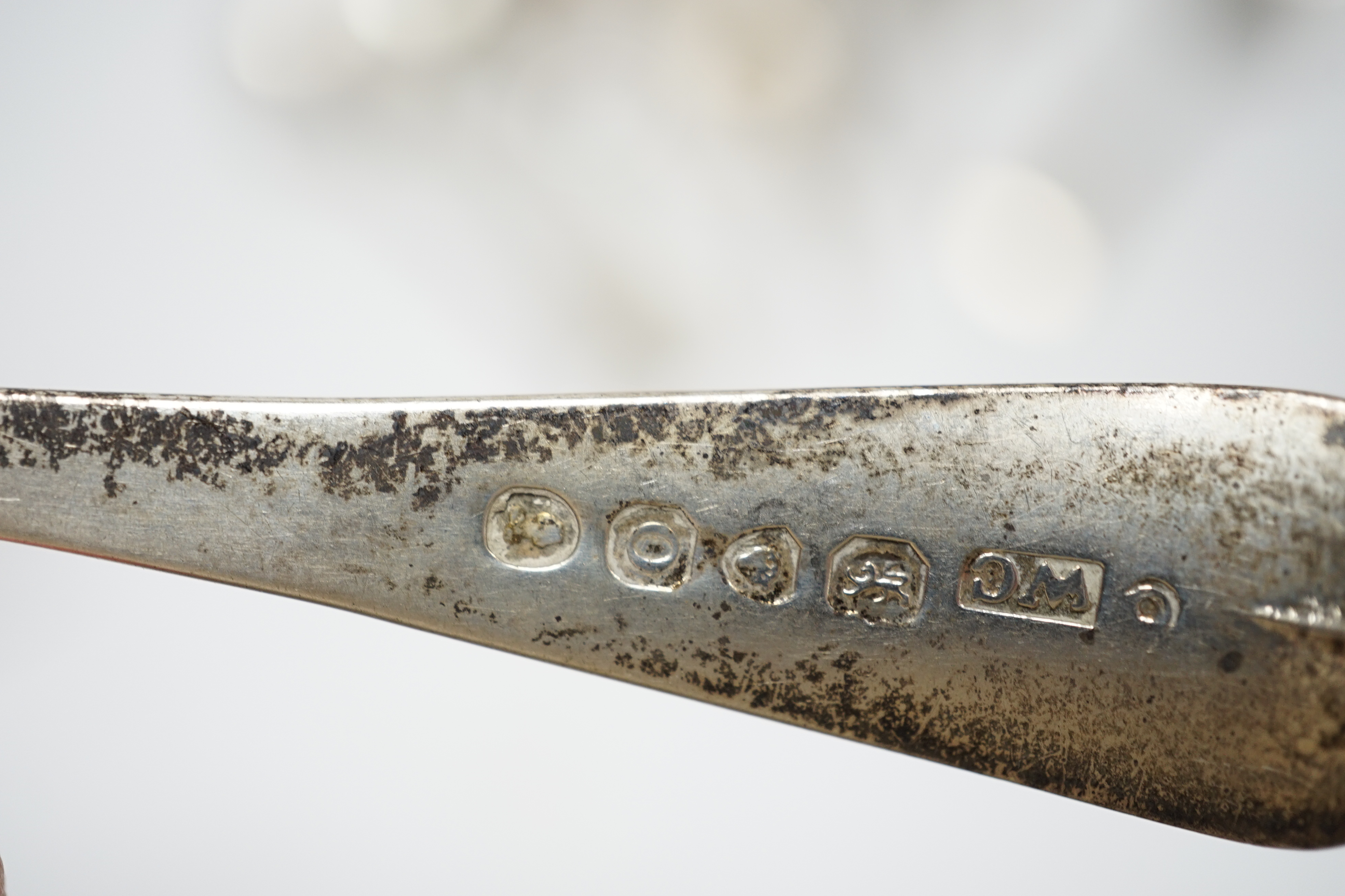 A quantity of assorted 18th century and later flatware, mainly teaspoons including a set of six base mark teaspoons, caddy spoon, etc, 32.7oz and eight plated spoons.